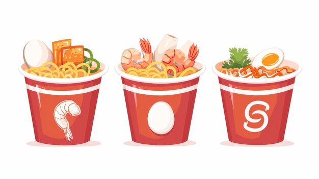 Cartoon illustration of traditional Asian fast food bowls with hot ramen fried egg and meat spicy shrimps restaurant menu design elements