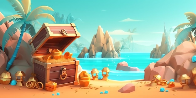 A cartoon illustration of a treasure chest on a beach.