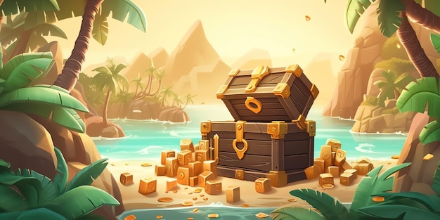 Photo a cartoon illustration of a treasure chest with gold bars on the top.