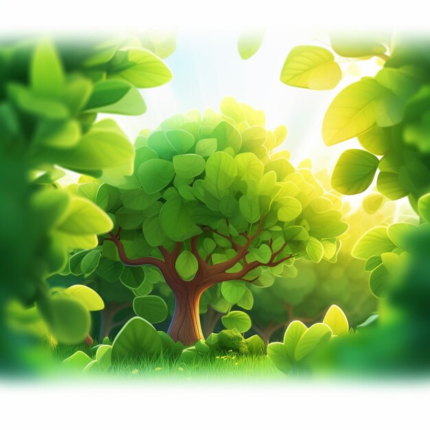 Cartoon illustration of a tree in a green forest with leaves generative ai