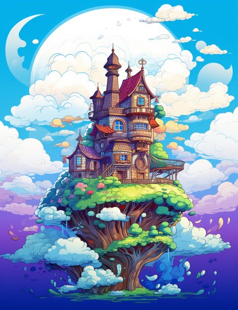 Cartoon illustration of a tree house in the sky with clouds generative ai