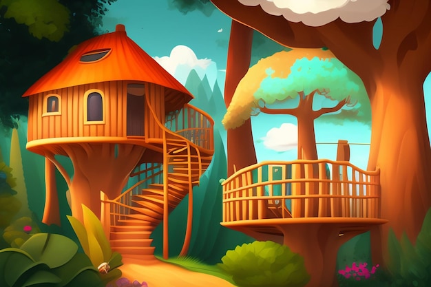 A cartoon illustration of a tree house with a balcony and a balcony.