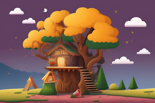 A cartoon illustration of a tree house with a house on the bottom.