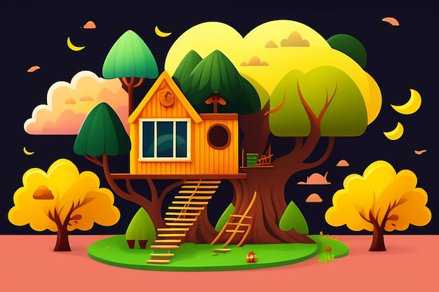 Карикатура на дом на дереве с домом внизу.