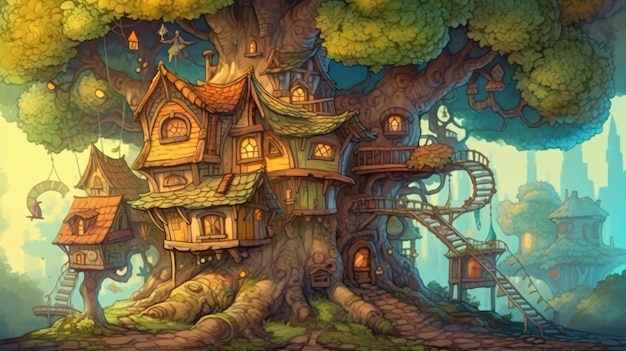 A cartoon illustration of a tree house with a tree house on the bottom.