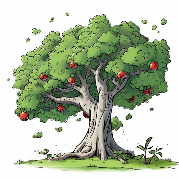 cartoon illustration of a tree with apples in the branches generative ai