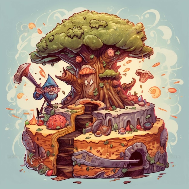 Cartoon illustration of a tree with a gnome and a gnome on it generative ai