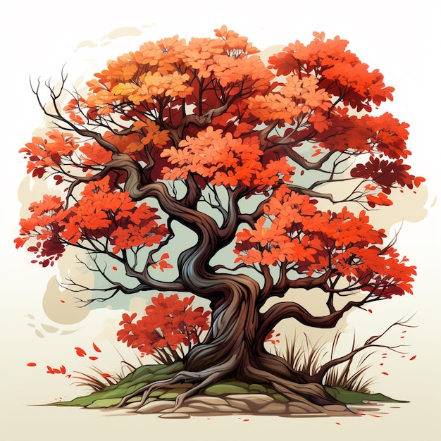 A cartoon illustration of a tree with red leaves on it generative ai