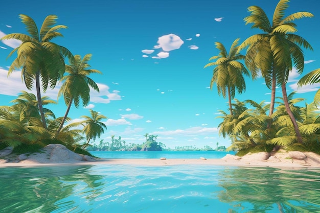 A cartoon illustration of a tropical beach with palm trees and a beach in the background.