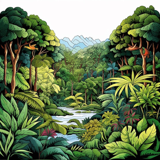 A cartoon illustration of a tropical jungle scene with a river generative ai