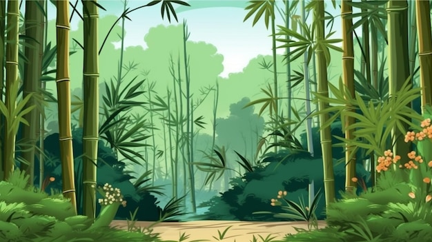 A cartoon illustration of a tropical jungle with bamboo trees and flowers generative ai