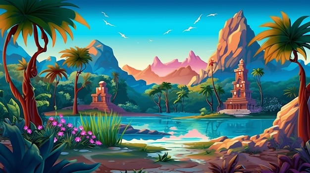 Карикатура на тропический пейзаж с озером и горами, генерирующая искусственный интеллект