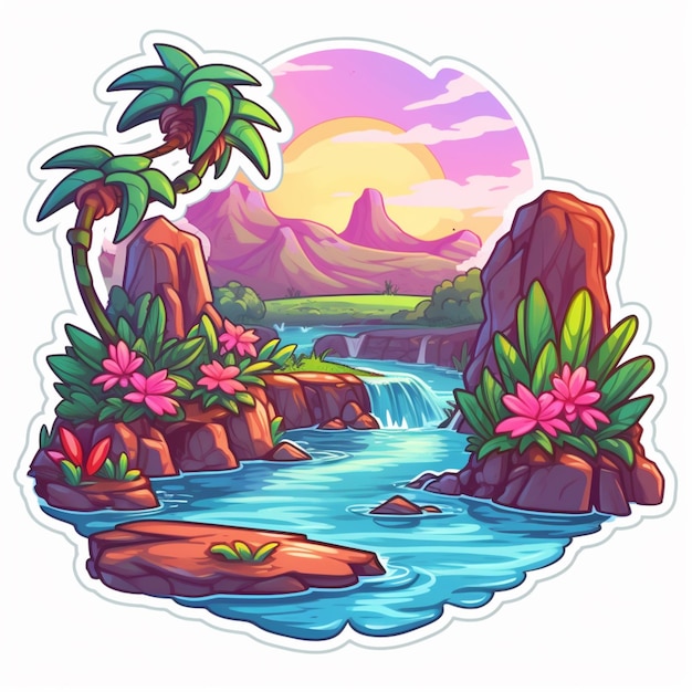 a cartoon illustration of a tropical landscape with a waterfall and palm trees generative ai