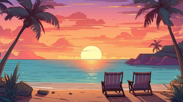 A cartoon illustration of two chairs on a beach with palm trees generative ai