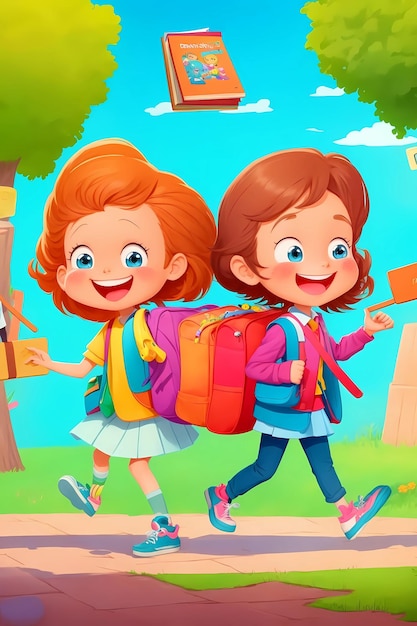 Photo a cartoon illustration of two children carrying backpacks and a paper bag with the words 