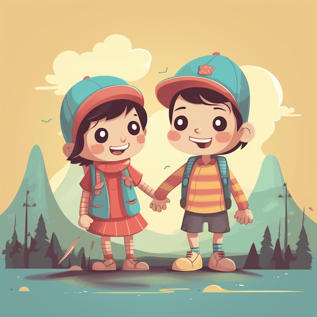 Cartoon illustration of two children holding hands in the mountains generative ai