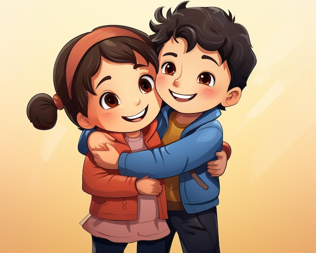 a cartoon illustration of two children hugging each other with a girl hugging them