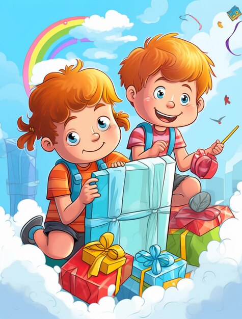 Cartoon illustration of two children opening a gift box in the sky generative ai