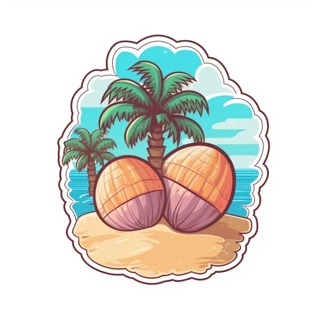 мультяшная иллюстрация двух кокосов на пляже с пальмами, генеративный ИИ
