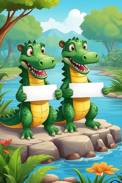 Cartoon illustration of two crocodiles holding blank sign by the river