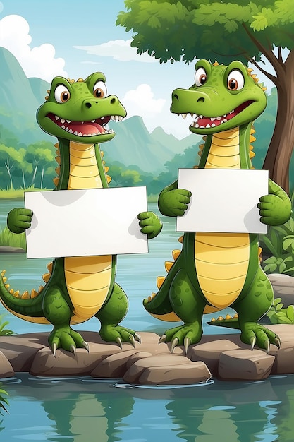 Cartoon illustration of two crocodiles holding blank sign by the river