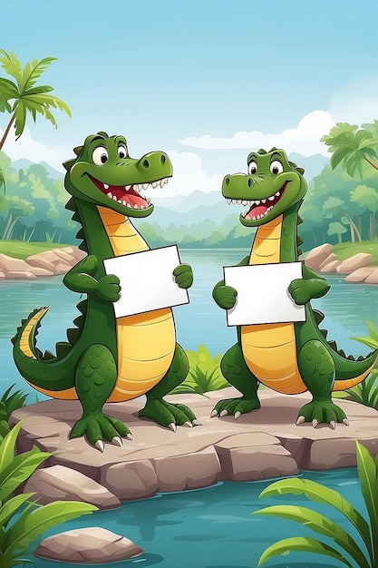 Cartoon illustration of two crocodiles holding blank sign by the river