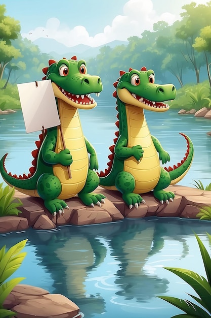 Cartoon illustration of two crocodiles holding blank sign by the river