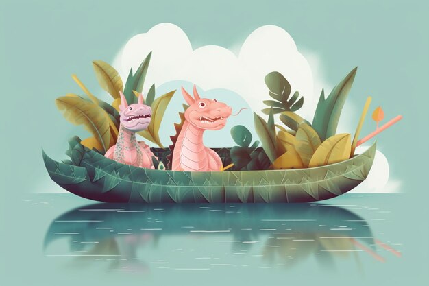 A cartoon illustration of two dragons on a boat with leaves on the bottom.