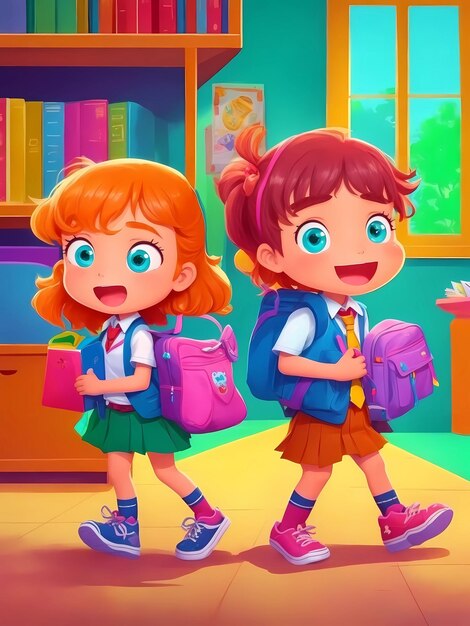 a cartoon illustration of two girls carrying bags with the words quot school quot on the bottom