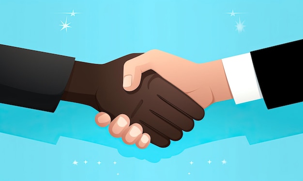 a cartoon illustration of two hands shaking in front of a blue background.