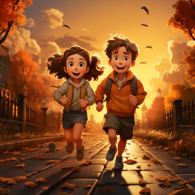 A cartoon illustration of two kids running on a path with a yellow sky in the background