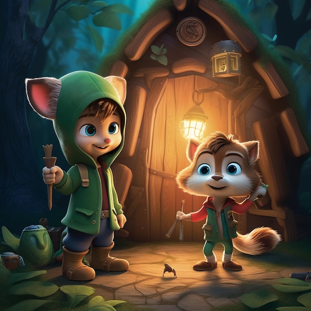 cartoon illustration of two little foxes in front of a small house generative ai