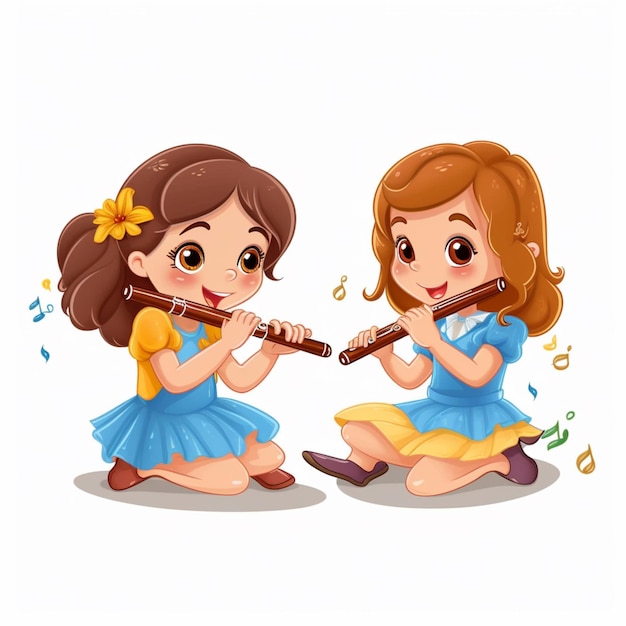 Cartoon illustration of two little girls playing the flute generative ai