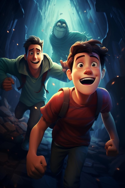 Photo cartoon illustration of two men in a cave with a ghost generative ai