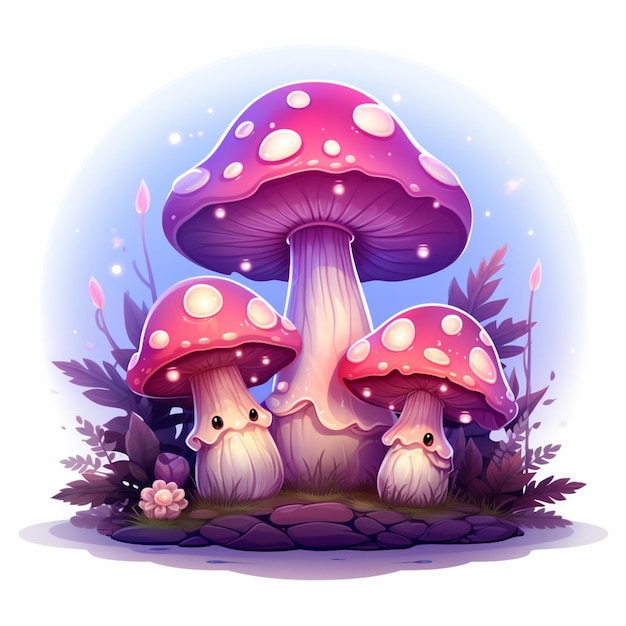 cartoon illustration of two mushrooms sitting on a rock in the grass generative ai
