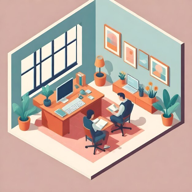 Photo a cartoon illustration of two people working in a room with a computer