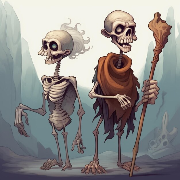 cartoon illustration of two skeletons with scythes and a staff generative ai