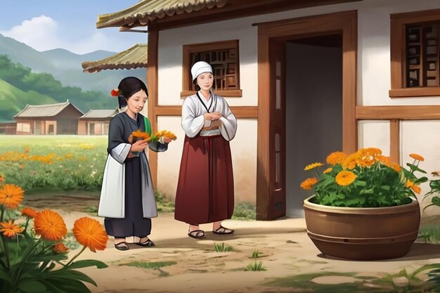 a cartoon illustration of two women holding flowers and a woman holding a pot of flowers