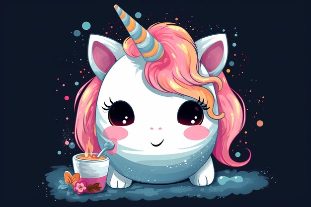 A cartoon illustration of a unicorn with a cup of tea.