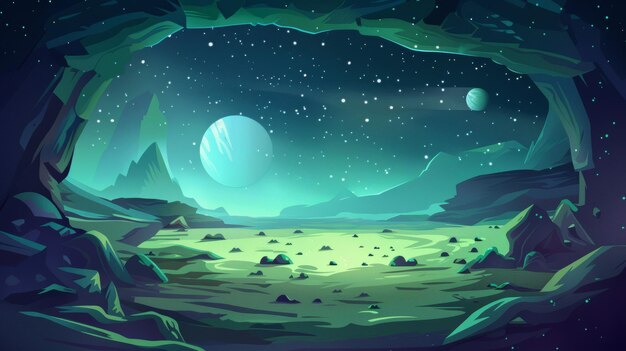 Photo cartoon illustration of an uninhabited alien planet with craters a toxic fog in the air and a starry night sky this is the background to a space adventure game