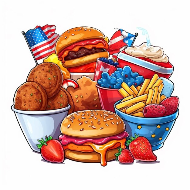 Photo cartoon illustration of a variety of food including a hamburger generative ai