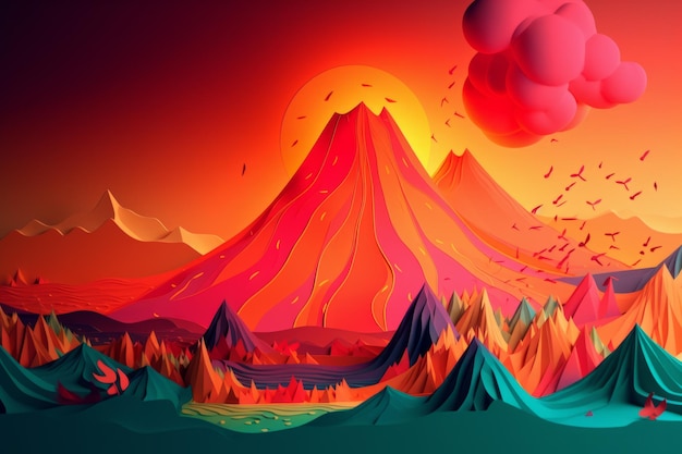 A cartoon illustration of a volcano with a pink sky and the sun behind it.