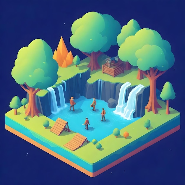 Foto un'illustrazione di cartone animato di un parco acquatico con alberi e una casa in cima