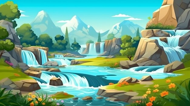 A cartoon illustration of a waterfall in a mountain landscape generative ai