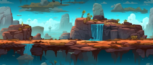 cartoon illustration of a waterfall in a rocky landscape with trees generative ai