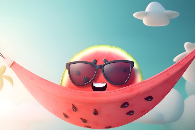 A cartoon illustration of a watermelon wearing sunglasses and laying in a hammock.