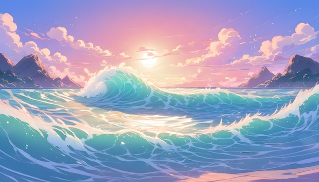 ピンクのビーチの背景にある波の漫画
