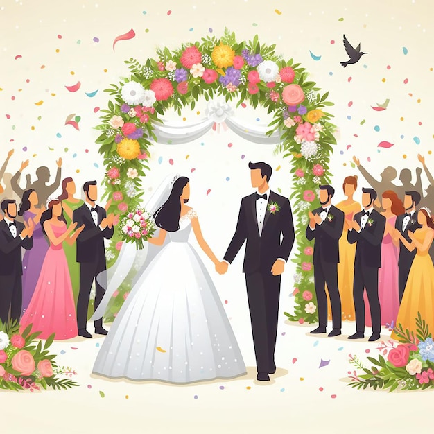 Photo a cartoon illustration of a wedding party with a couple holding hands