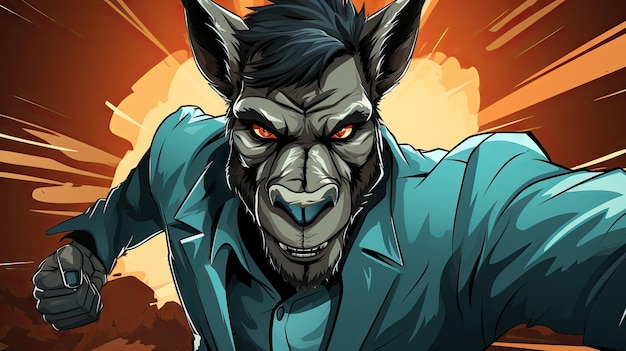 Cartoon illustration of a werewolf looking at the camera and running