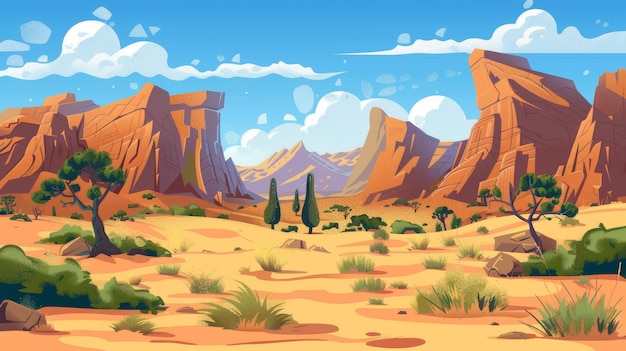 Cartoon illustration of a western desert landscape during a sandstorm with rocky cliff mountains green trees wind dust and smog in the air and a cloudy mud sky
